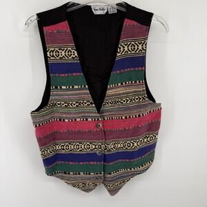 Vtg Jane Ashley Southwestern Aztec Woven Vest Women's M Boho Tribal Button Front